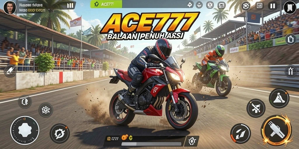 Screenshot dari gameplay ACE777 yang menunjukkan aksi balapan motor.