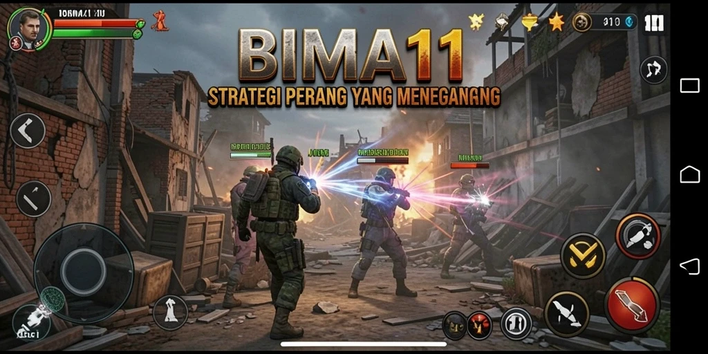 Screenshot utama BIMA11 menampilkan aksi peperangan yang intens.