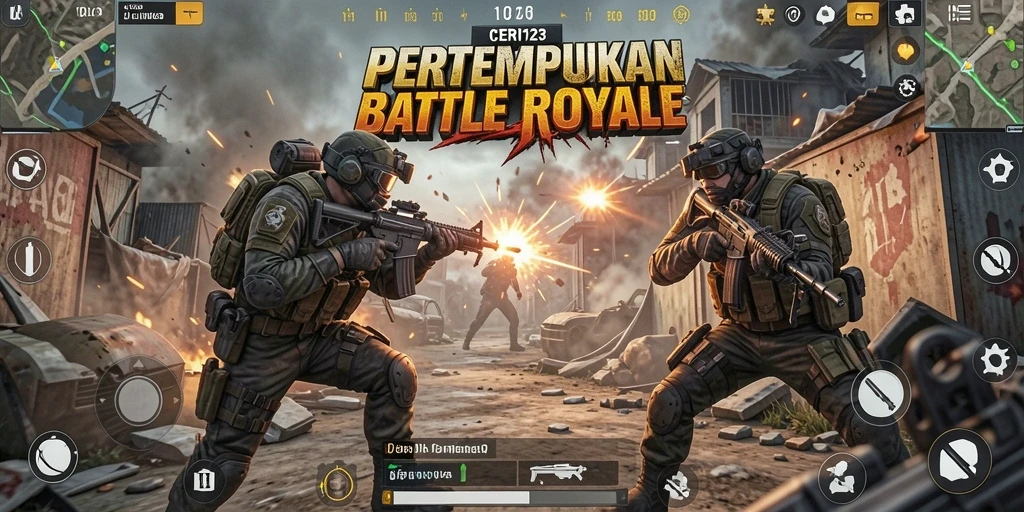 Screenshot menunjukkan aksi seru dalam game Battle Royale.