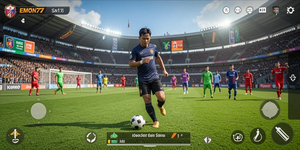 Screenshot gameplay EMON77 menampilkan aksi sepak bola yang mendebarkan.