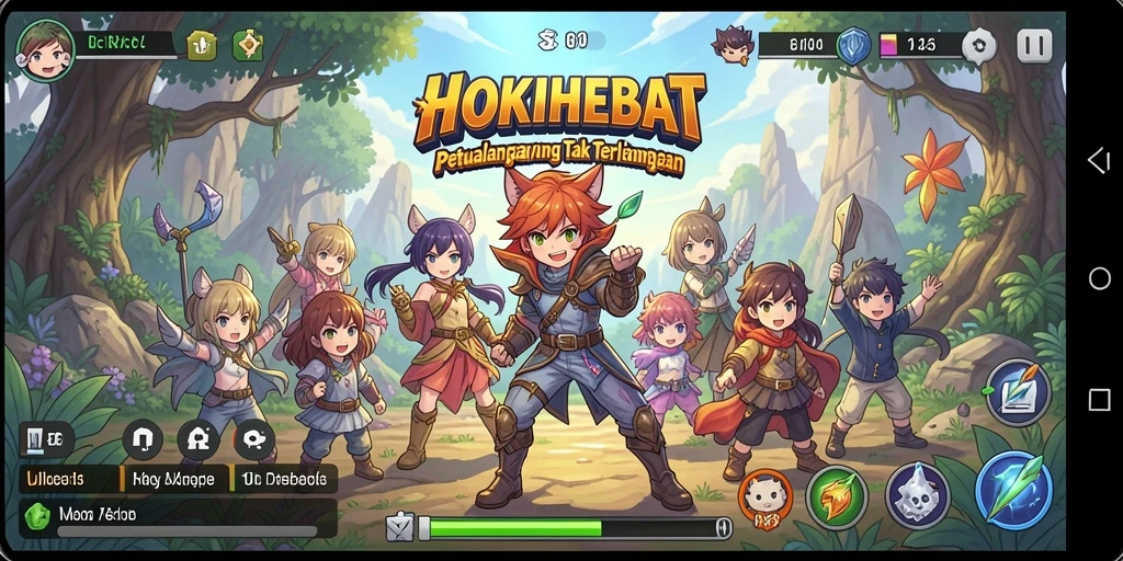 Screenshot gameplay HOKIHEBAT menampilkan aksi seru dan karakter anime penuh warna.