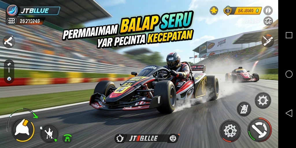 Tangkapan layar JTBLUE menunjukkan gameplay Racing yang mendebarkan.