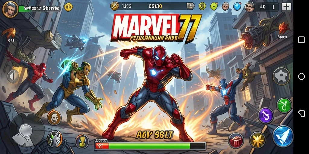 Screenshot gameplay MARVEL77 menampilkan aksi mendebarkan karakter superhero.