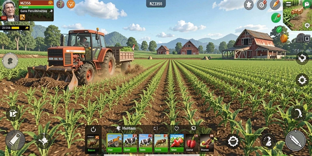 Tampilan gameplay MZ356 yang menarik dan penuh warna di ladang pertanian.