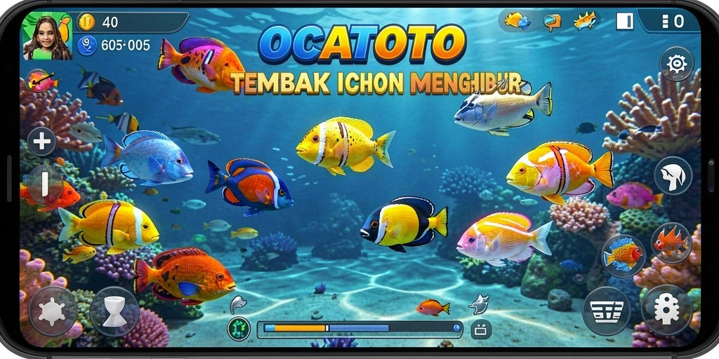Tampilan gameplay seru dalam OCATOTO dengan berbagai jenis ikan.