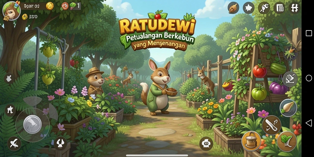 Tangkapan layar gameplay <strong>RATUDEWI</strong> yang menunjukkan aktivitas berkebun.