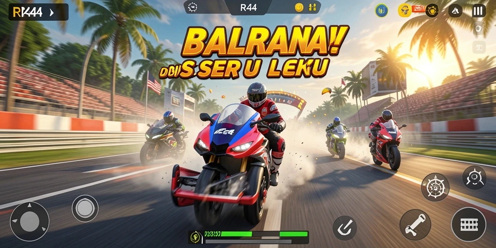 Screenshot utama RR44 menampilkan aksi balapan mendebarkan di lintasan yang menakjubkan.