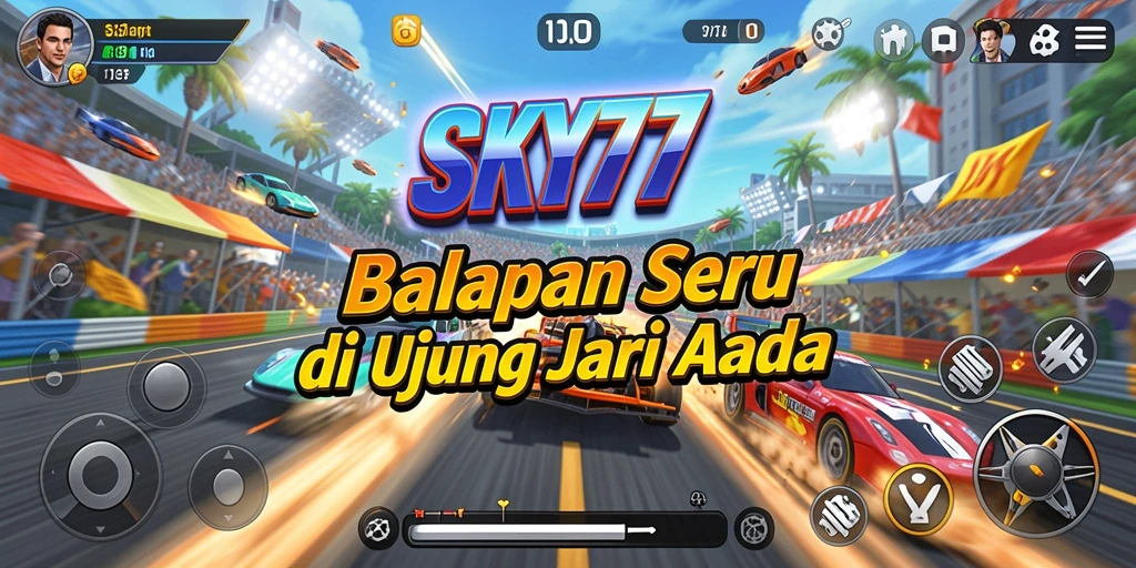 Screenshot utama gameplay <strong>SKY77</strong> menampilkan aksi balapan yang mendebarkan.