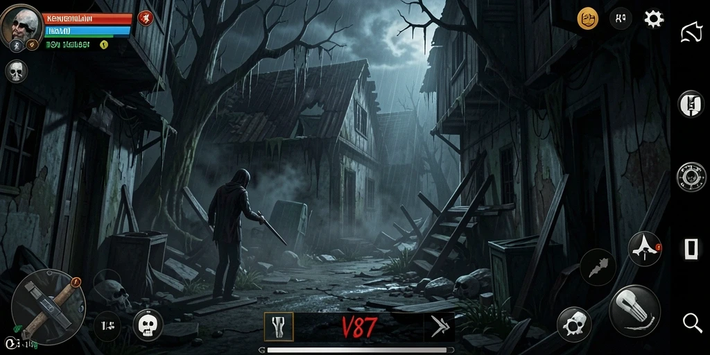 Tampilan gameplay menegangkan dari V87 saat karakter menghadapi hantu.